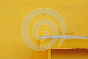 A yellow wall with a bench leaning against it in a minimalist setting, A minimalist composition featuring a solid yellow