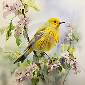 Yellow warbler on flowering branch,watercolor painting