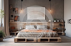 Yellow and warm modern bedroom with neutral wooden interior. AI Generative.