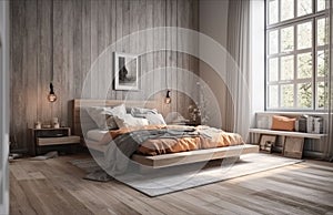 Yellow and warm modern bedroom with neutral wooden interior. AI Generative.