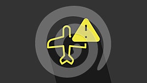 Yellow Warning aircraft icon isolated on grey background. Faulty plane. Flying prohibition zone. Plane is forbidden for