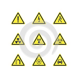 Yellow Warning Hazard Triangle Signs Set. Vector