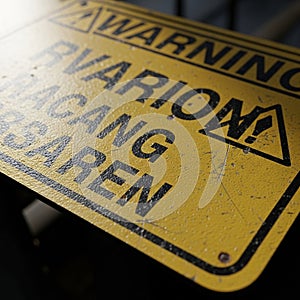 Yellow warning sign with black text,