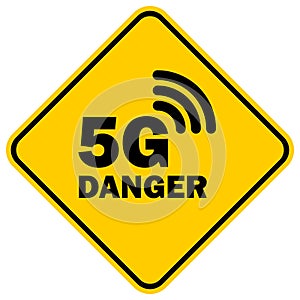 Yellow warning sign dealing with radiation from 5G radio waves which are believed to be harmful by conspiracy theories claiming it