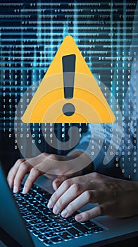 Yellow Warning Triangle Amid Binary Code, Typing Hands Suggest Cybersecurity Theme