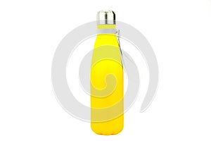 Yellow water bottle thermos flask on white background