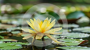 Yellow water lily in pond with green leaves