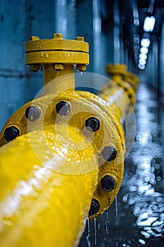 A yellow water pipe with black dots on it in a tunnel, AI