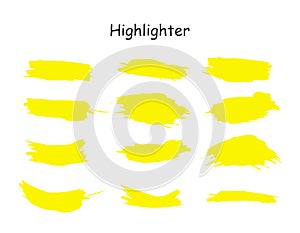 Yellow watercolor hand drawn highlight set. Vector highlighter brush lines. Marker pen highlight underline strokes