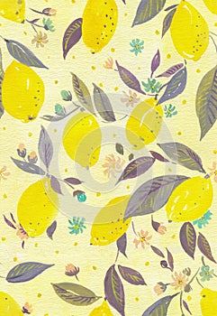 Yellow watercolor lemon seamless pattern, abstract floral texture