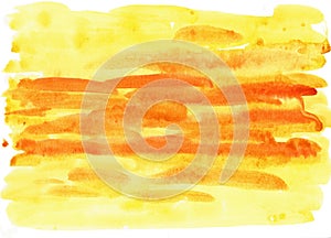 Yellow watercolor stains background with uneven edges. Rectangle watercolour texture, text frame.