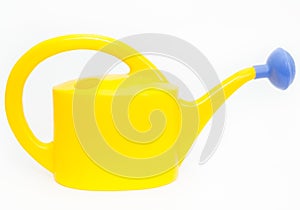 Yellow watering can with blue shower nozzle, white background