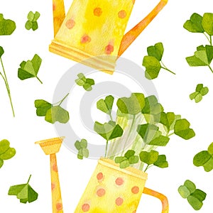 Yellow watering can with seedlings of radish. Bright spring crops.