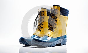 Yellow waterproof rubber boots on a white background