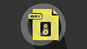 Yellow WAV file document. Download wav button icon isolated on grey background. WAV waveform audio file format for