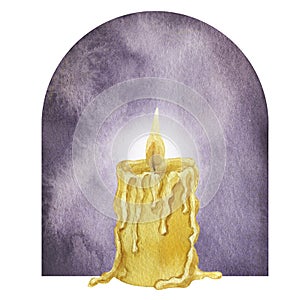 Yellow wax candle old melted current drops, burning flame on purple backdrop. Halloween collection. Hand drawn