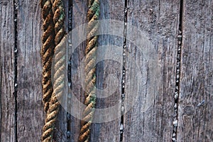 Yellow weathered ropes against rustic wooden boards