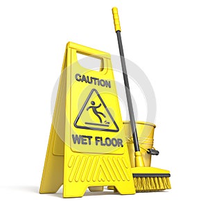 Yellow wet floor sign, bucket and mop 3D
