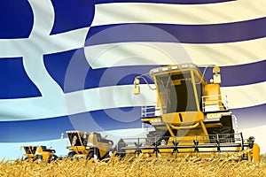 Yellow wheat agricultural combine harvester on field with Greece flag background, food industry concept - industrial 3D