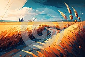 Yellow wheat field on farm, country house and windmill. Illustration