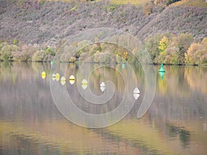 Yellow and white buoys floating in the current on the water surface of a river