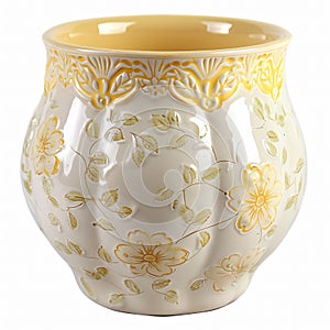 yellow white ceramic flower pot with floral pattern, antique shapes, vintage, created with AI
