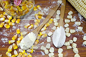 Yellow and white corn and flour in spoons