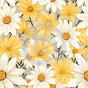 Yellow And White Daisies Seamless Pattern With Detailed Drapery