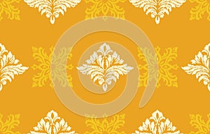 Yellow and white damask pattern with ikat texture on an orange background