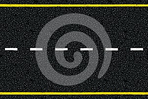 Yellow and white dotted highway traffic marks lines on tarmac road top view