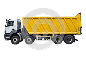 Yellow and white heavy dump truck