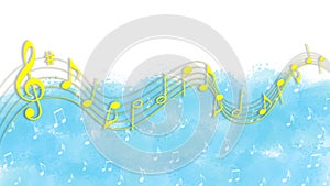 Yellow and White Music Notes in Blue Watercolor Background
