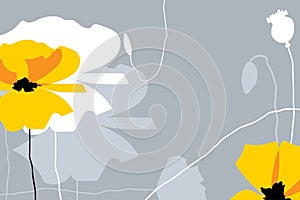 Yellow and white poppy flowers on grey background. Abstract floral art. Poppy silhouette. Simple flat design