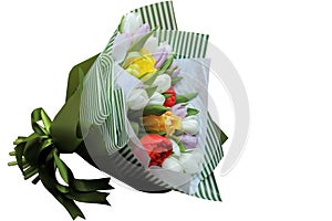 Yellow, white, red, purple tulips in green strip paper