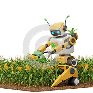 Yellow and White Robot Harvesting Corn in a Field
