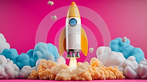 A yellow and white rocket flying through the clouds