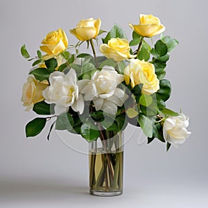 Yellow And White Rose Flower Arrangement In Vase - Vray Tracing Style