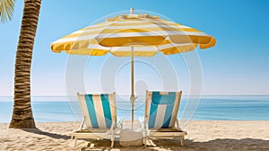 Yellow and white striped beach umbrella with beach chairs and palm trees. Generative AI