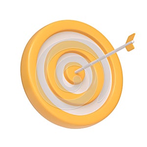 Yellow and white target with an arrow hitting the bullseye isolated on white background