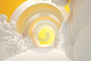 a yellow and white tunnel with clouds and sun in the background and a yellow sky in the middle of the tunnel is a yellow and