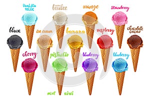 Yellow, white, vanilla, milk, pink, strawberry, chocolate, orange, green, blueberry, cherry, black ice cream vector Set, different