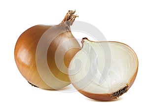 Yellow whole onion half together isolated on white background photo