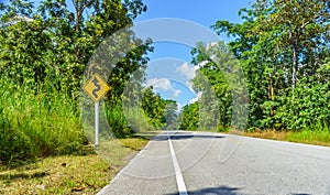 Yellow winding road sign at roadside