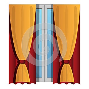 Yellow window curtains icon, cartoon style