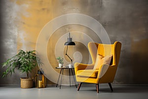 Yellow wing chair and coffee table near beige grunge stucco wall. Interior design of modern living room. AI Generated