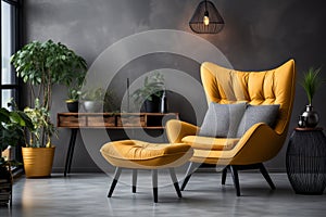 Yellow wing chair and coffee table near beige grunge stucco wall. Interior design of modern living room. AI Generated