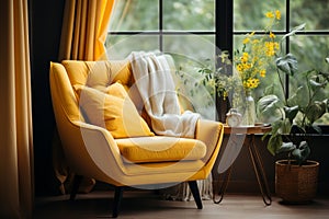 Yellow wing chair and coffee table near beige grunge stucco wall. Interior design of modern living room. AI Generated