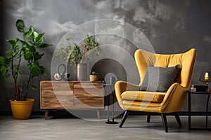 Yellow wing chair and coffee table near beige grunge stucco wall. Interior design of modern living room. AI Generated