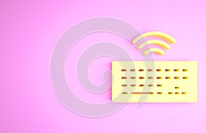 Yellow Wireless computer keyboard icon isolated on pink background. PC component sign. Internet of things concept with