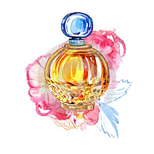 Yellow women perfume bottle with roses on background. Hand drawn stylized watercolor illustration